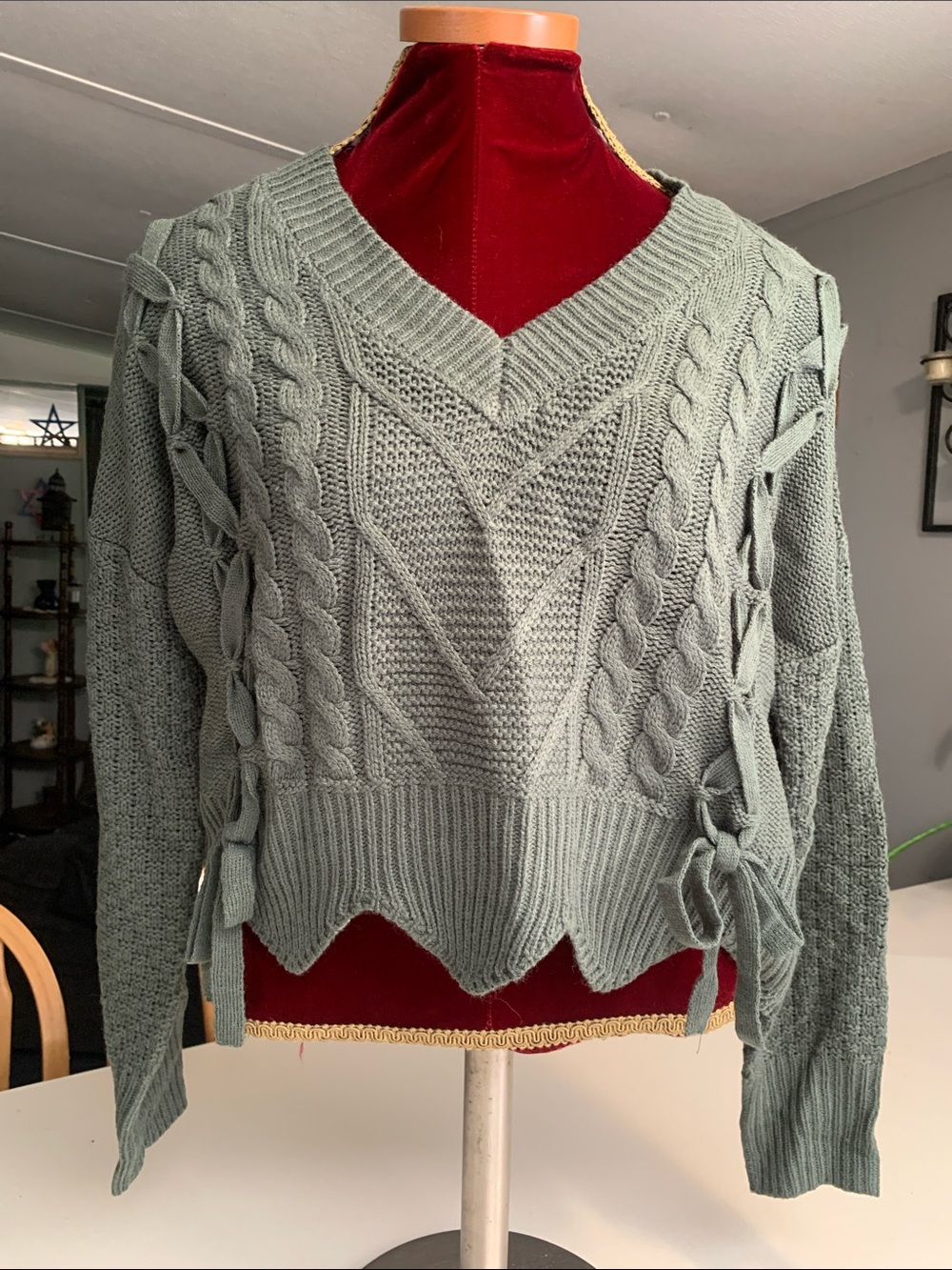 Ultra Flirt Sage Green V-Neck Cable Knit Sweater with Side Braids